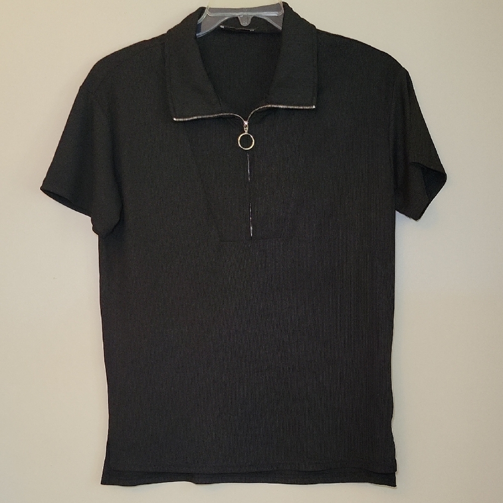 MCKOL Womens Black Ribbed Quarter Zip Polo Shirt Short Sleeve O-Ring Size Medium